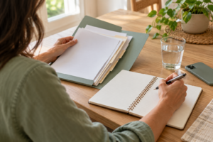 Woman organizing documents and preparing a notebook for her first medical weight loss appointment.