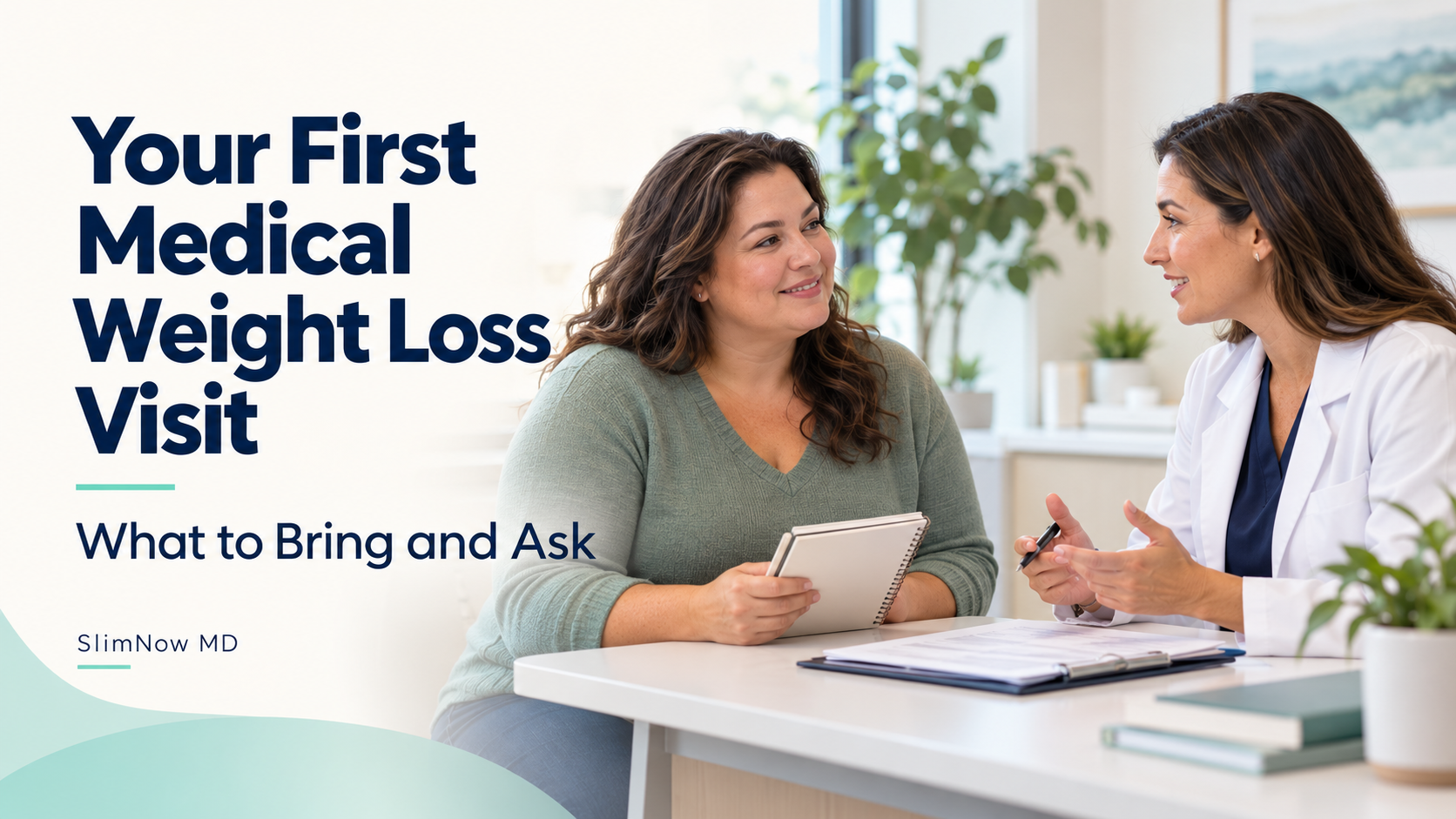 Patient holding a notebook while speaking with a clinician at a medical weight loss consultation.