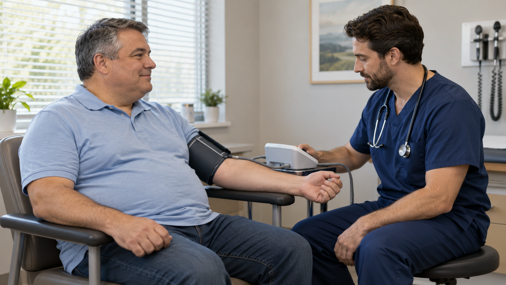 Healthcare professional checking a male patient’s blood pressure during a weight loss follow-up visit.